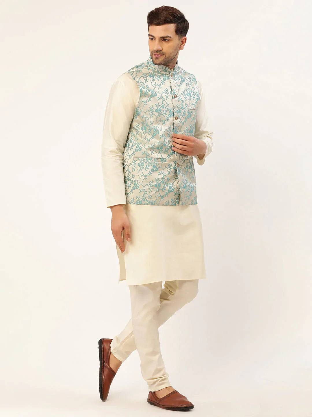 Jompers Men's Solid Kurta Pyjama With Blue Floral Embroidered Nehru Jacket