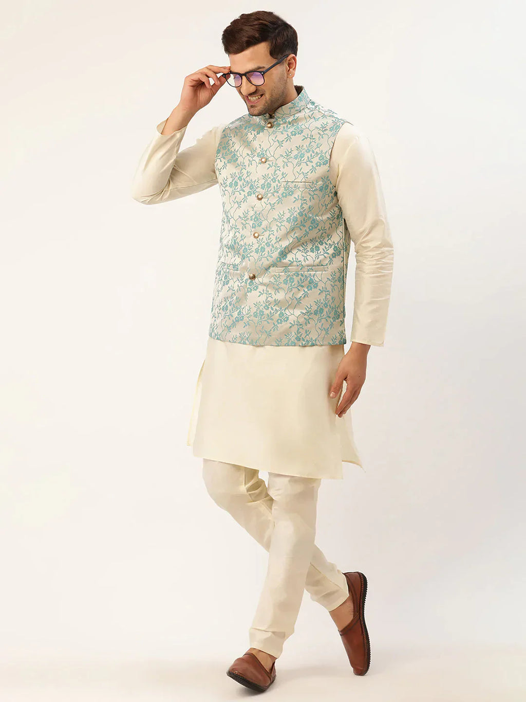 Jompers Men's Solid Kurta Pyjama With Blue Floral Embroidered Nehru Jacket