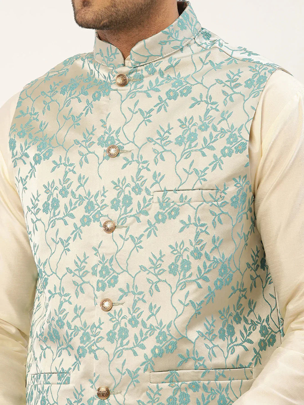 Jompers Men's Solid Kurta Pyjama With Blue Floral Embroidered Nehru Jacket
