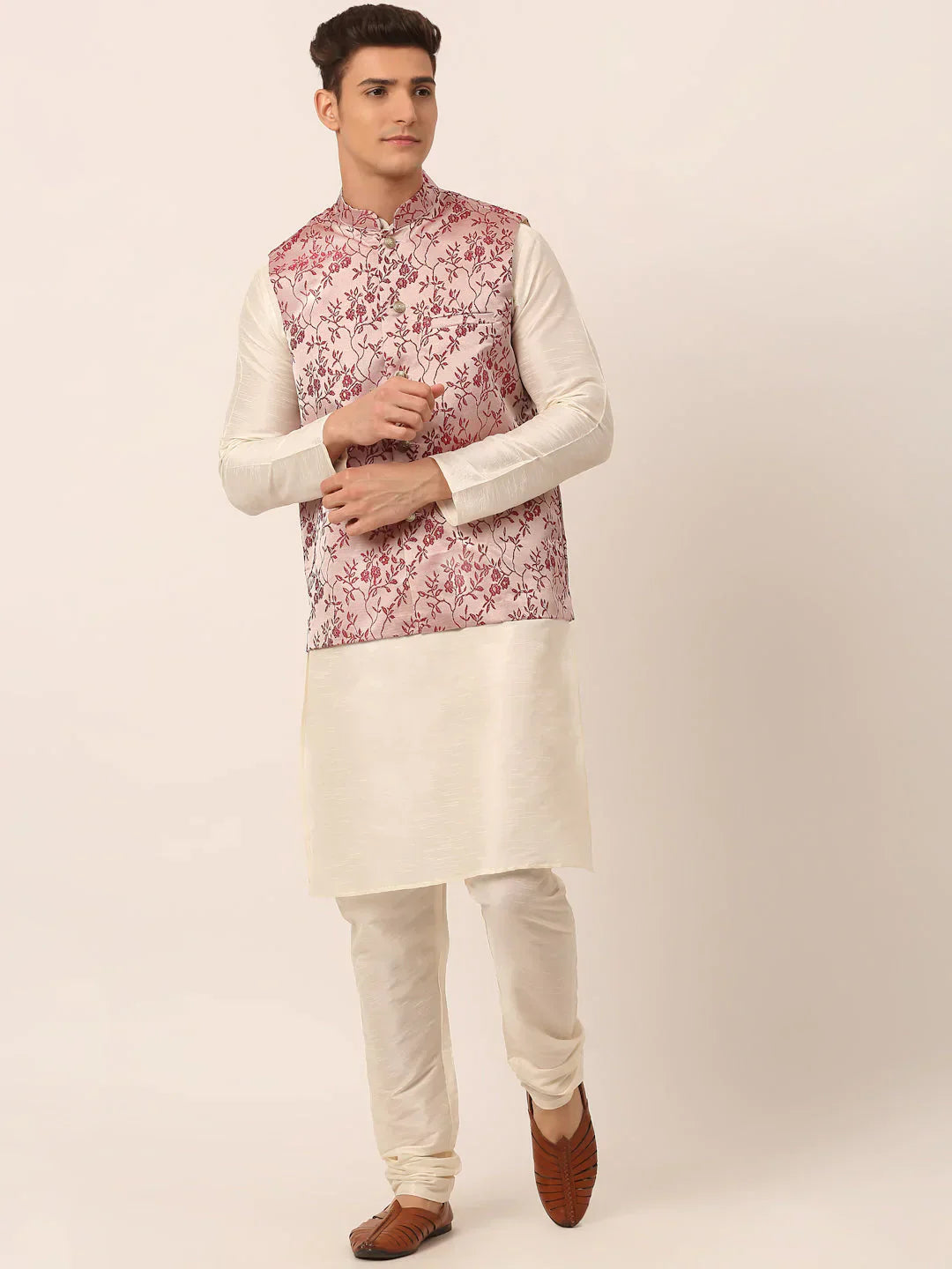 Jompers Men's Solid Kurta Pyjama With Maroon Floral Embroidered Nehru Jacket