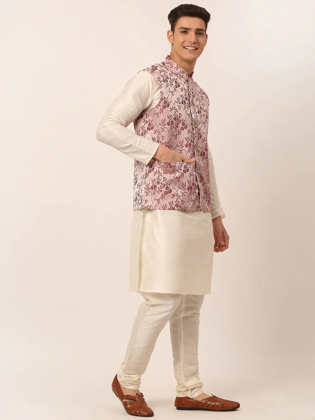 Jompers Men's Solid Kurta Pyjama With Maroon Floral Embroidered Nehru Jacket