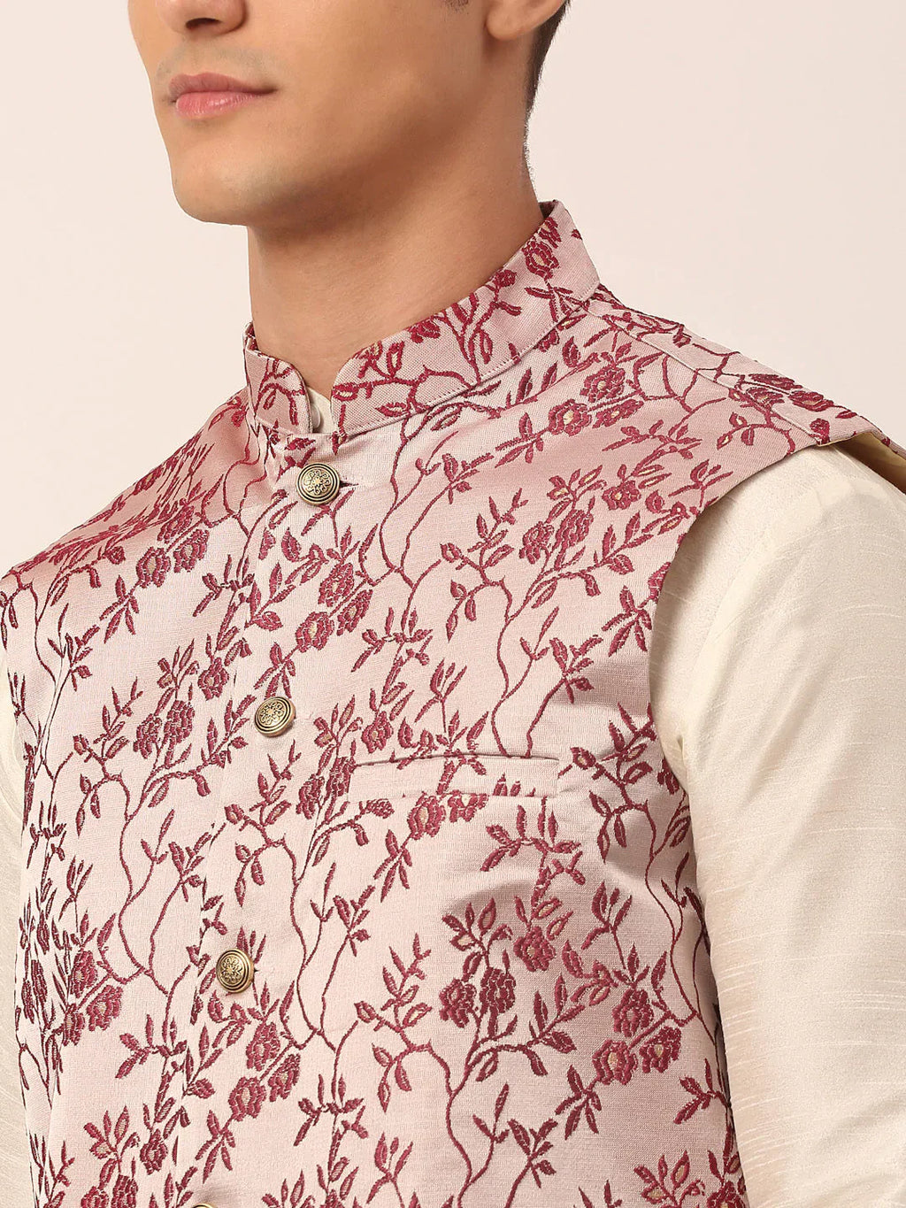 Jompers Men's Solid Kurta Pyjama With Maroon Floral Embroidered Nehru Jacket