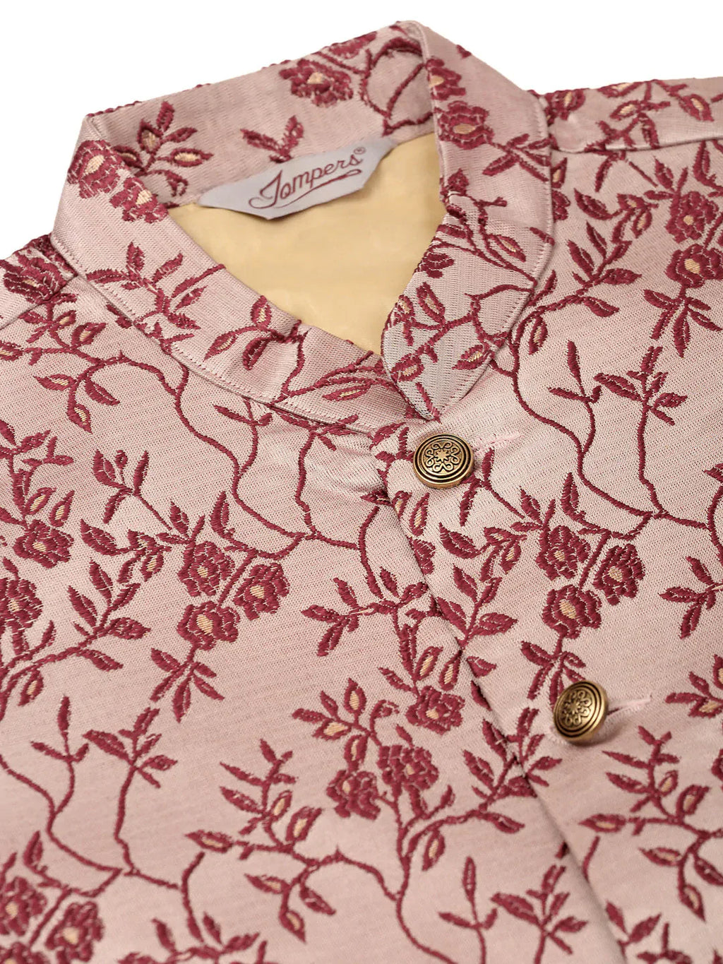 Jompers Men's Solid Kurta Pyjama With Maroon Floral Embroidered Nehru Jacket