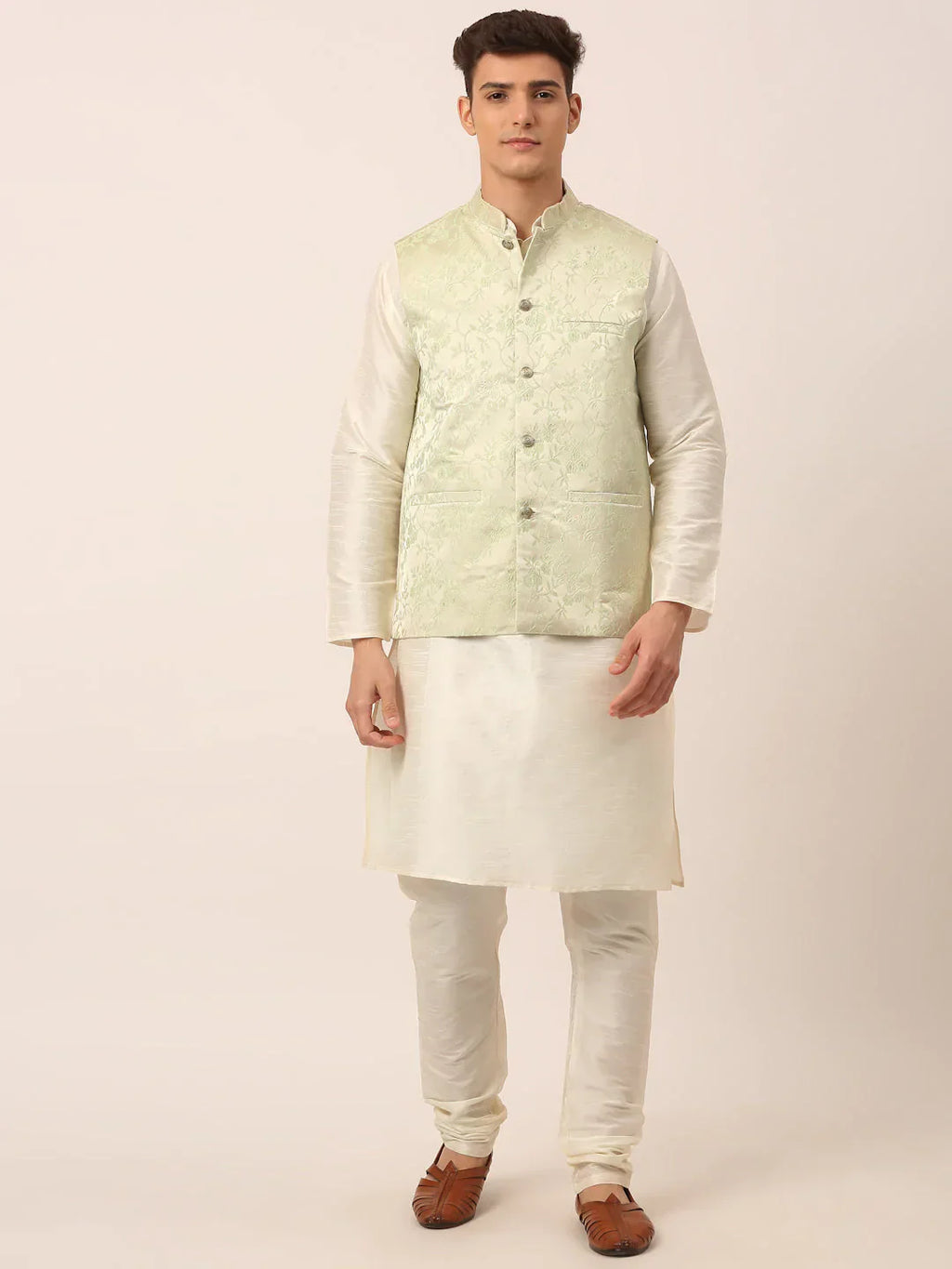 Jompers Men's Solid Kurta Pyjama With Pista Green Floral Embroidered Nehru Jacket