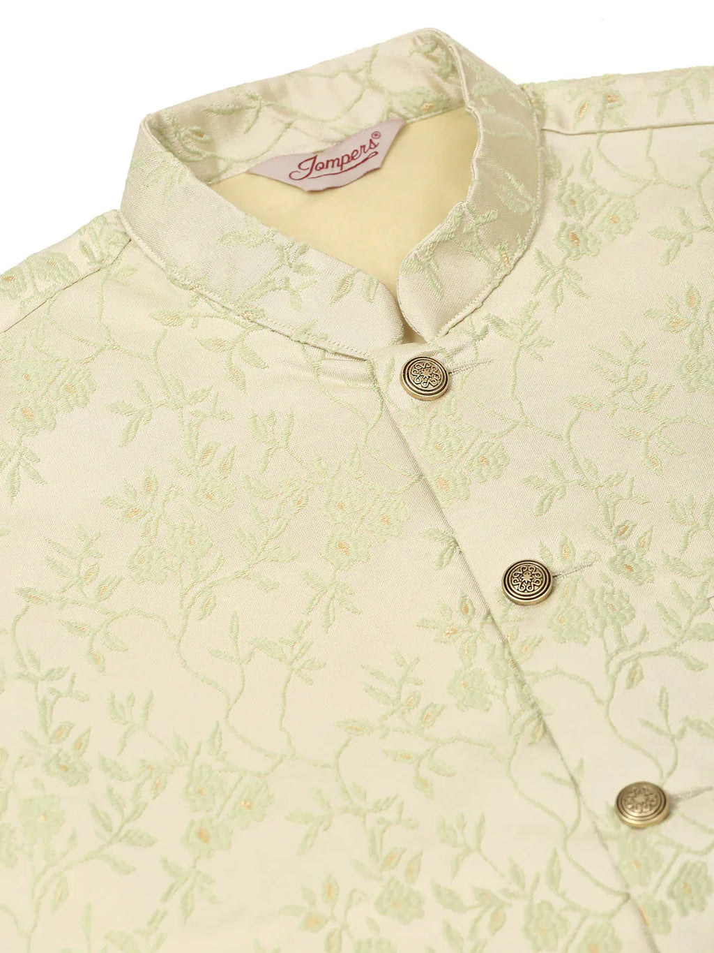 Jompers Men's Solid Kurta Pyjama With Pista Green Floral Embroidered Nehru Jacket