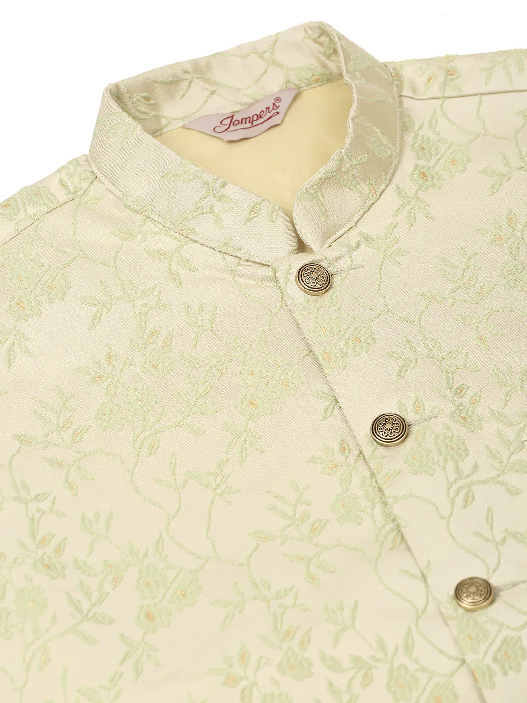 Jompers Men's Solid Kurta Pyjama With Pista Green Floral Embroidered Nehru Jacket