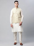 Jompers Men's Dupion Silk Kurta Pyjama With Beige Printed Nehru Jacket