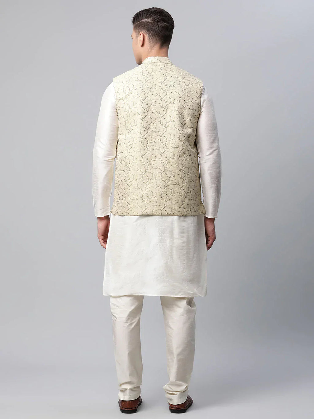 Jompers Men's Dupion Silk Kurta Pyjama With Beige Printed Nehru Jacket