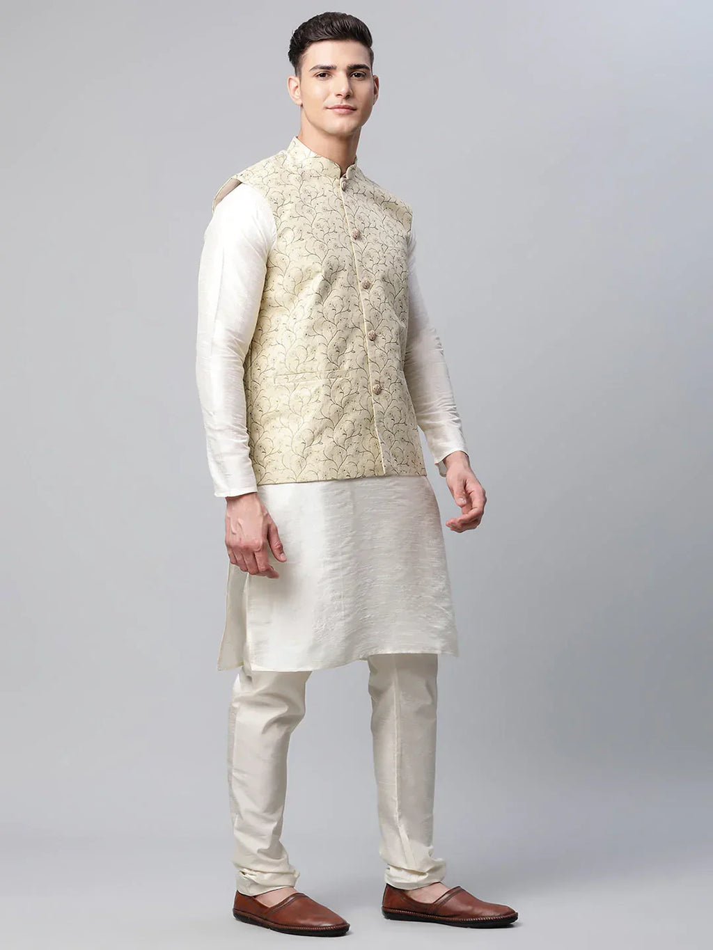 Jompers Men's Dupion Silk Kurta Pyjama With Beige Printed Nehru Jacket