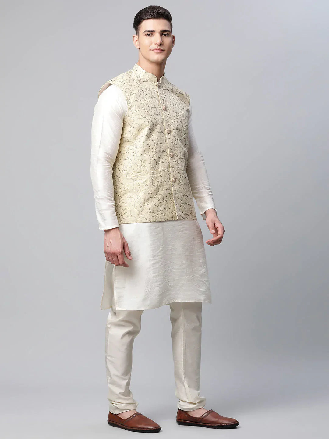 Jompers Men's Dupion Silk Kurta Pyjama With Beige Printed Nehru Jacket
