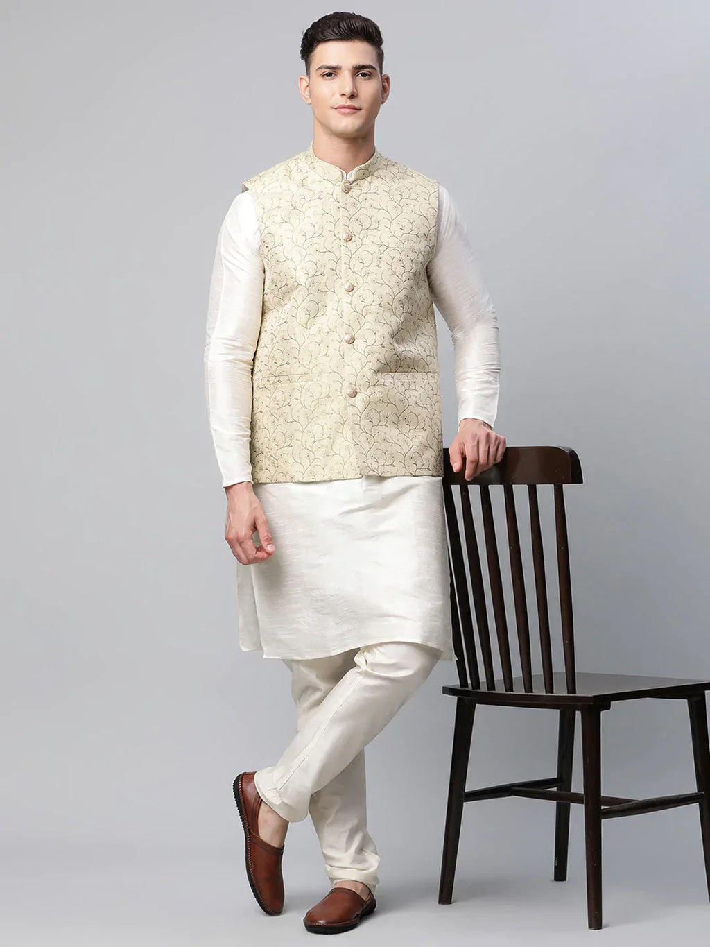 Jompers Men's Dupion Silk Kurta Pyjama With Beige Printed Nehru Jacket
