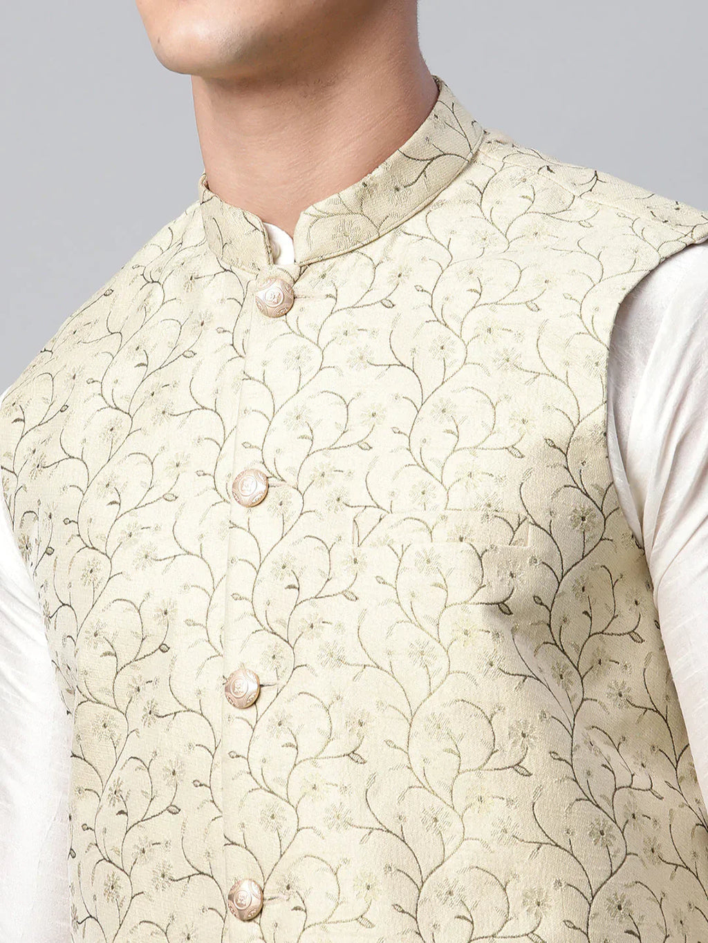 Jompers Men's Dupion Silk Kurta Pyjama With Beige Printed Nehru Jacket
