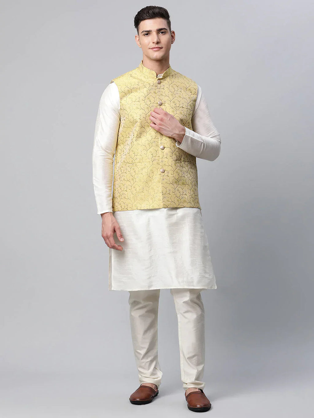 Jompers Men's Dupion Silk Kurta Pyjama With Lemon Printed Nehru Jacket