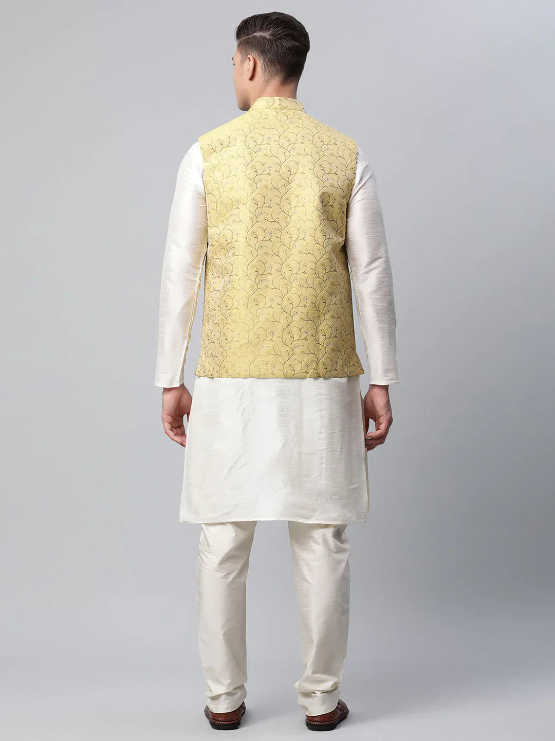 Jompers Men's Dupion Silk Kurta Pyjama With Lemon Printed Nehru Jacket