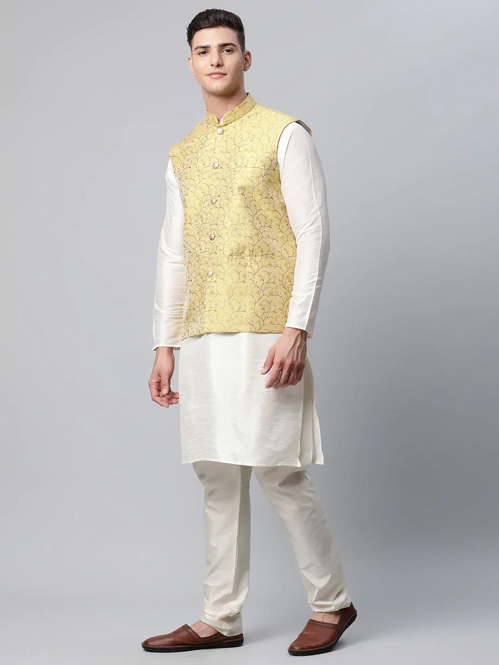 Jompers Men's Dupion Silk Kurta Pyjama With Lemon Printed Nehru Jacket