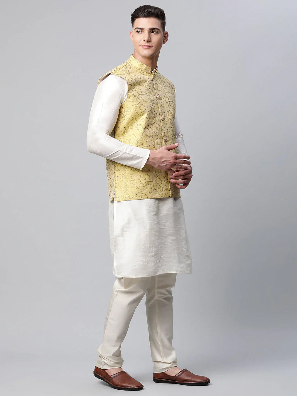 Jompers Men's Dupion Silk Kurta Pyjama With Lemon Printed Nehru Jacket