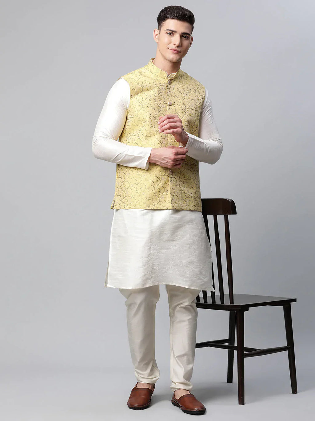 Jompers Men's Dupion Silk Kurta Pyjama With Lemon Printed Nehru Jacket
