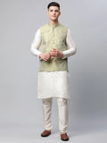 Jompers Men's Dupion Silk Kurta Pyjama With Pista Green Printed Nehru Jacket