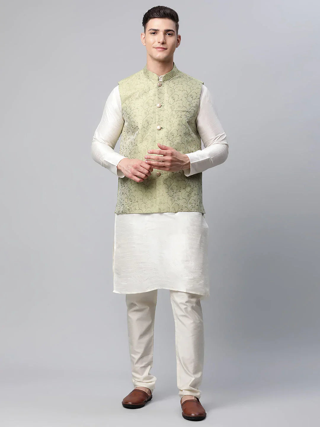 Jompers Men's Dupion Silk Kurta Pyjama With Pista Green Printed Nehru Jacket