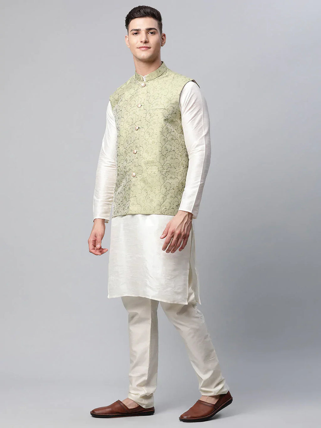 Jompers Men's Dupion Silk Kurta Pyjama With Pista Green Printed Nehru Jacket
