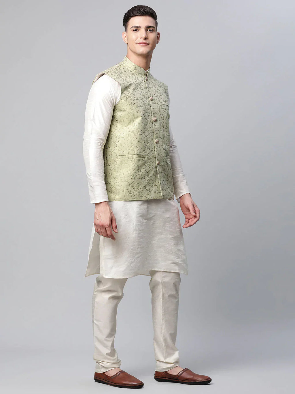 Jompers Men's Dupion Silk Kurta Pyjama With Pista Green Printed Nehru Jacket
