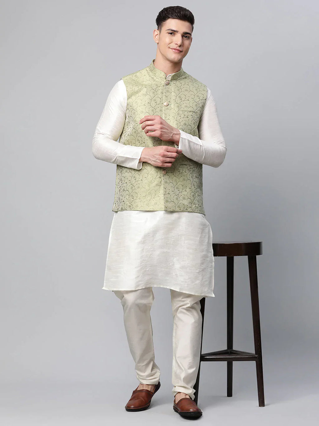Jompers Men's Dupion Silk Kurta Pyjama With Pista Green Printed Nehru Jacket