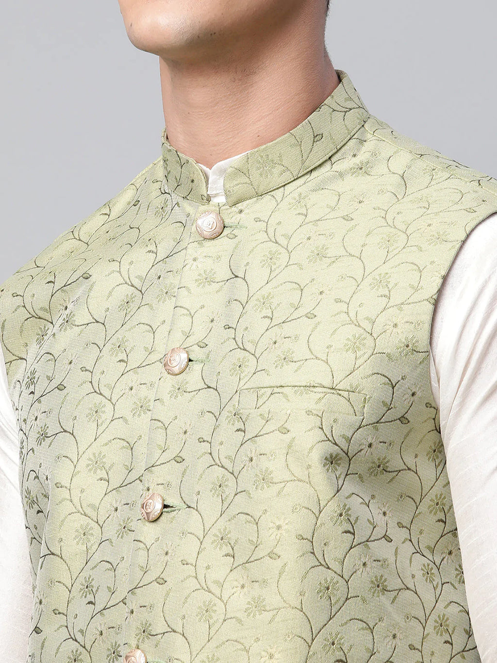 Jompers Men's Dupion Silk Kurta Pyjama With Pista Green Printed Nehru Jacket