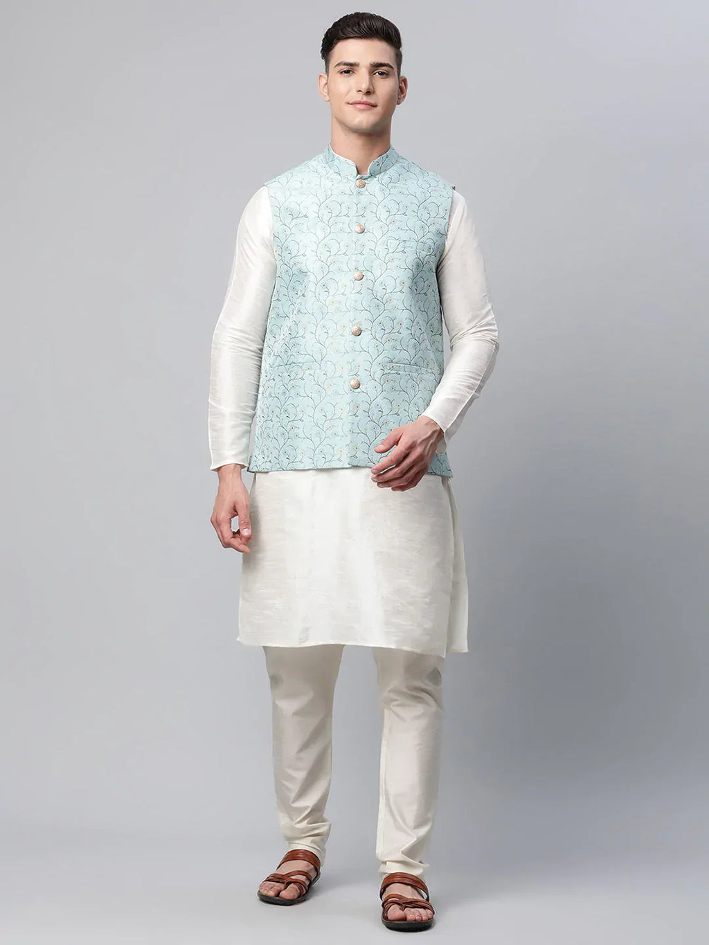 Jompers Men's Dupion Silk Kurta Pyjama With Sky Blue Printed Nehru Jacket