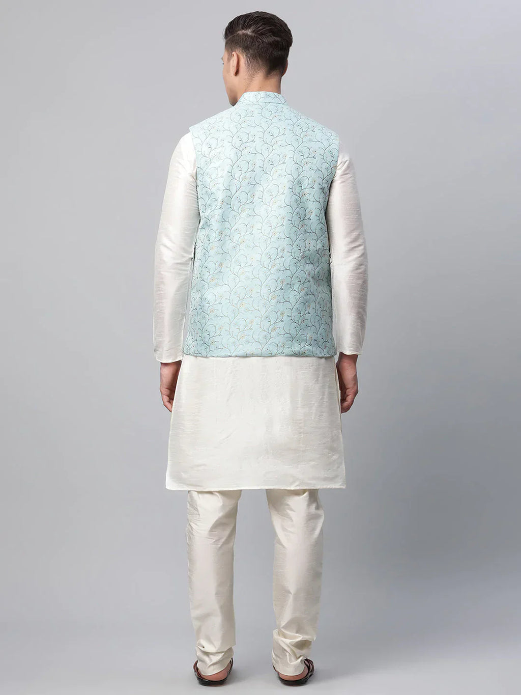 Jompers Men's Dupion Silk Kurta Pyjama With Sky Blue Printed Nehru Jacket