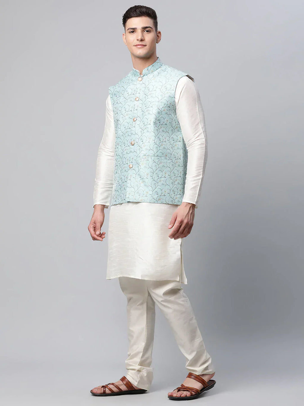 Jompers Men's Dupion Silk Kurta Pyjama With Sky Blue Printed Nehru Jacket