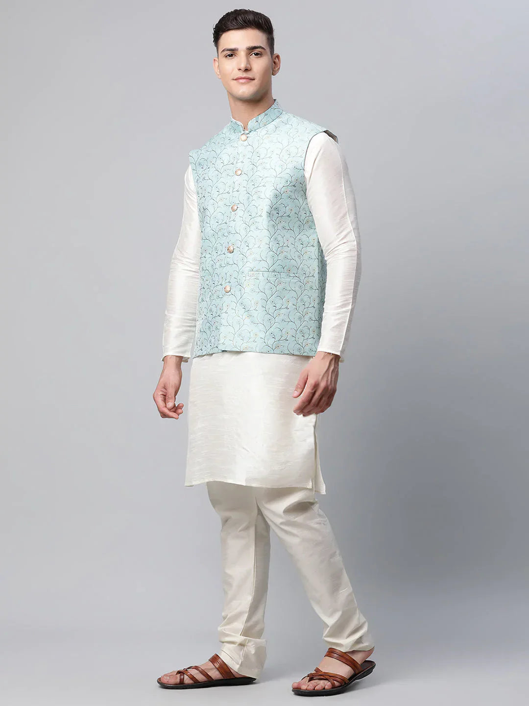 Jompers Men's Dupion Silk Kurta Pyjama With Sky Blue Printed Nehru Jacket