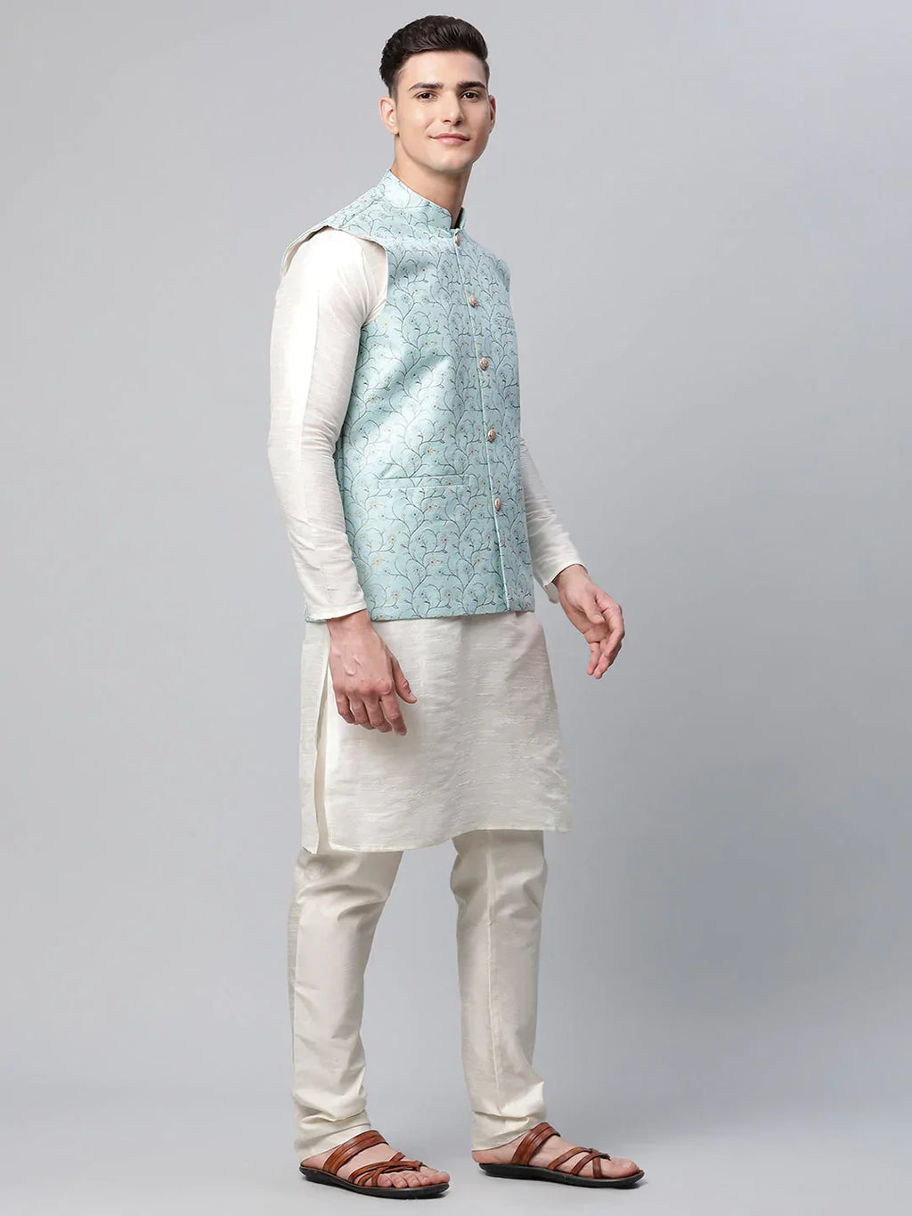 Jompers Men's Dupion Silk Kurta Pyjama With Sky Blue Printed Nehru Jacket