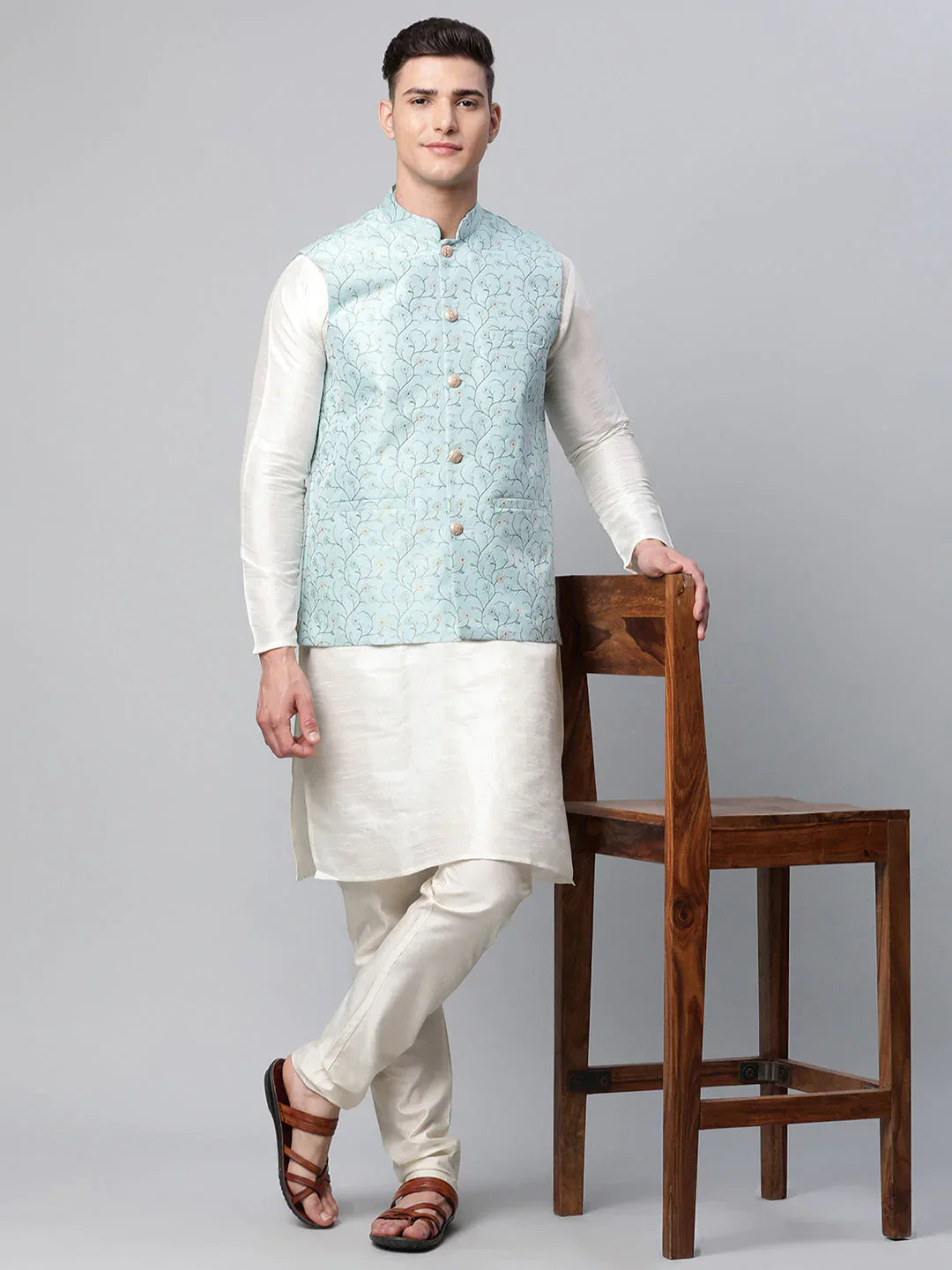 Jompers Men's Dupion Silk Kurta Pyjama With Sky Blue Printed Nehru Jacket