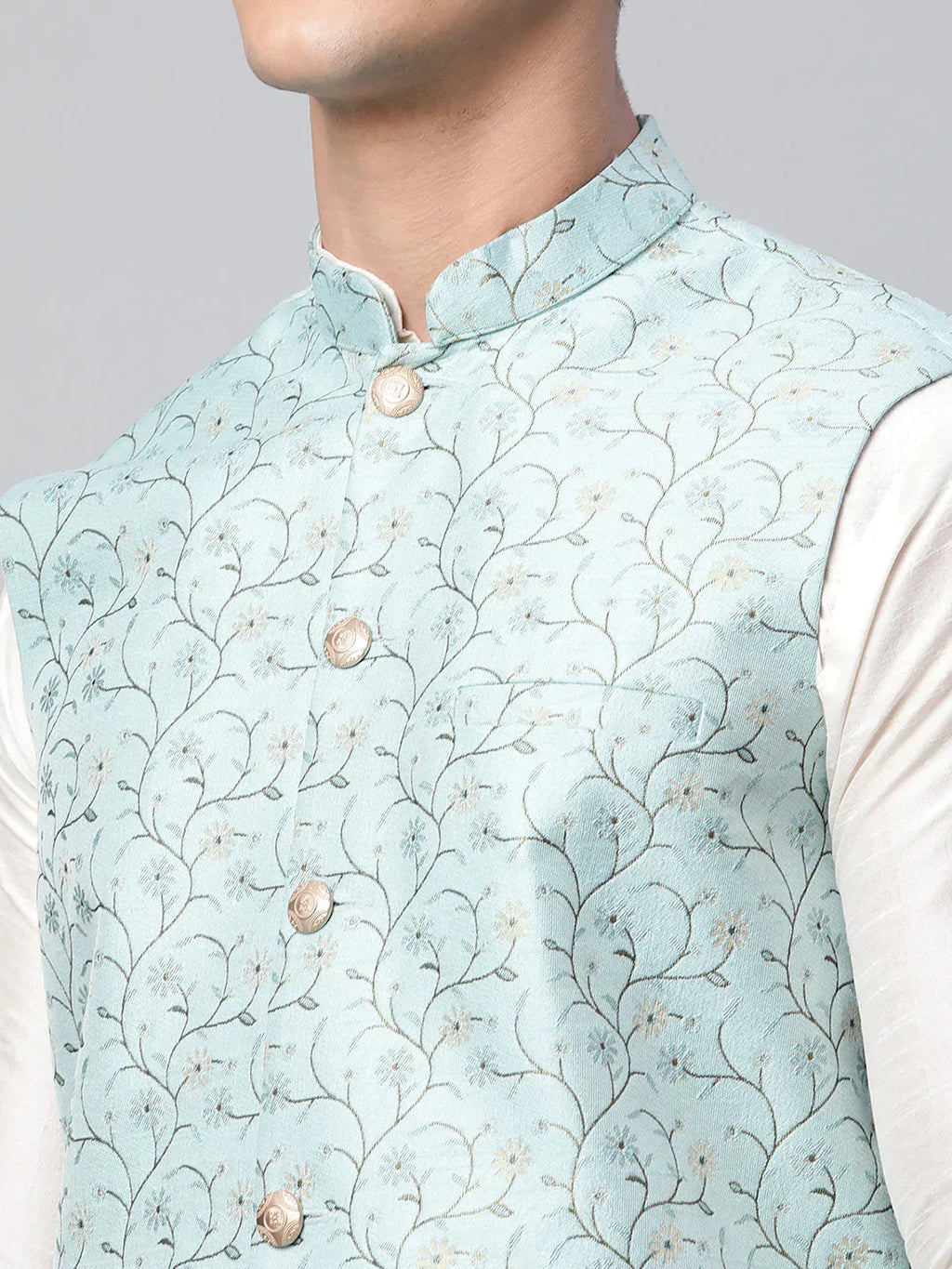 Jompers Men's Dupion Silk Kurta Pyjama With Sky Blue Printed Nehru Jacket