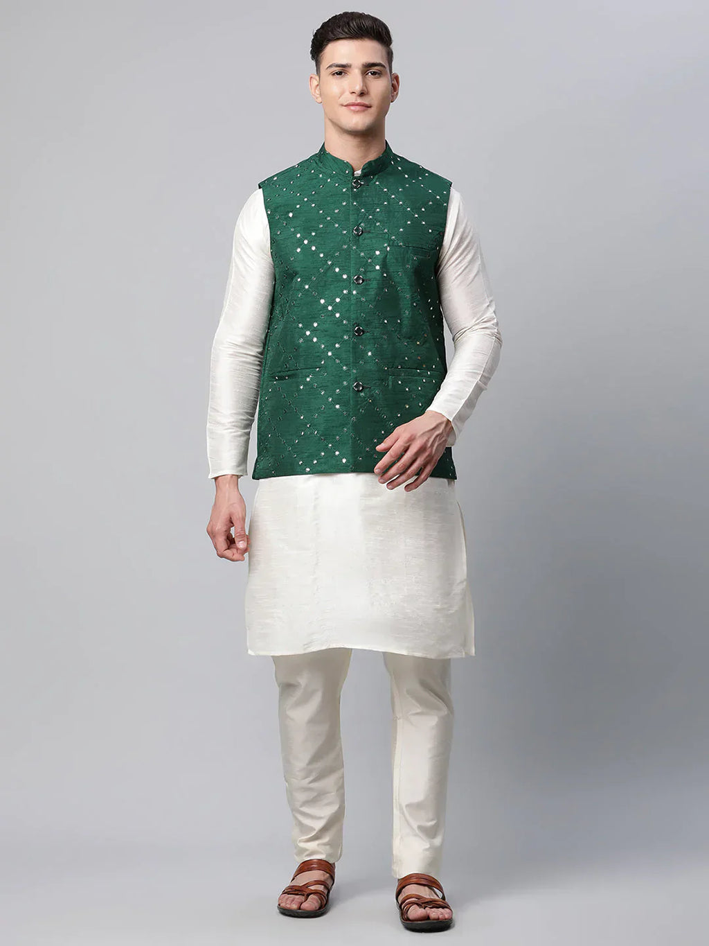 Jompers Men's Dupion Silk Kurta Pyjama With Green Mirror Work Nehru Jacket