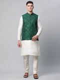 Jompers Men's Dupion Silk Kurta Pyjama With Green Mirror Work Nehru Jacket