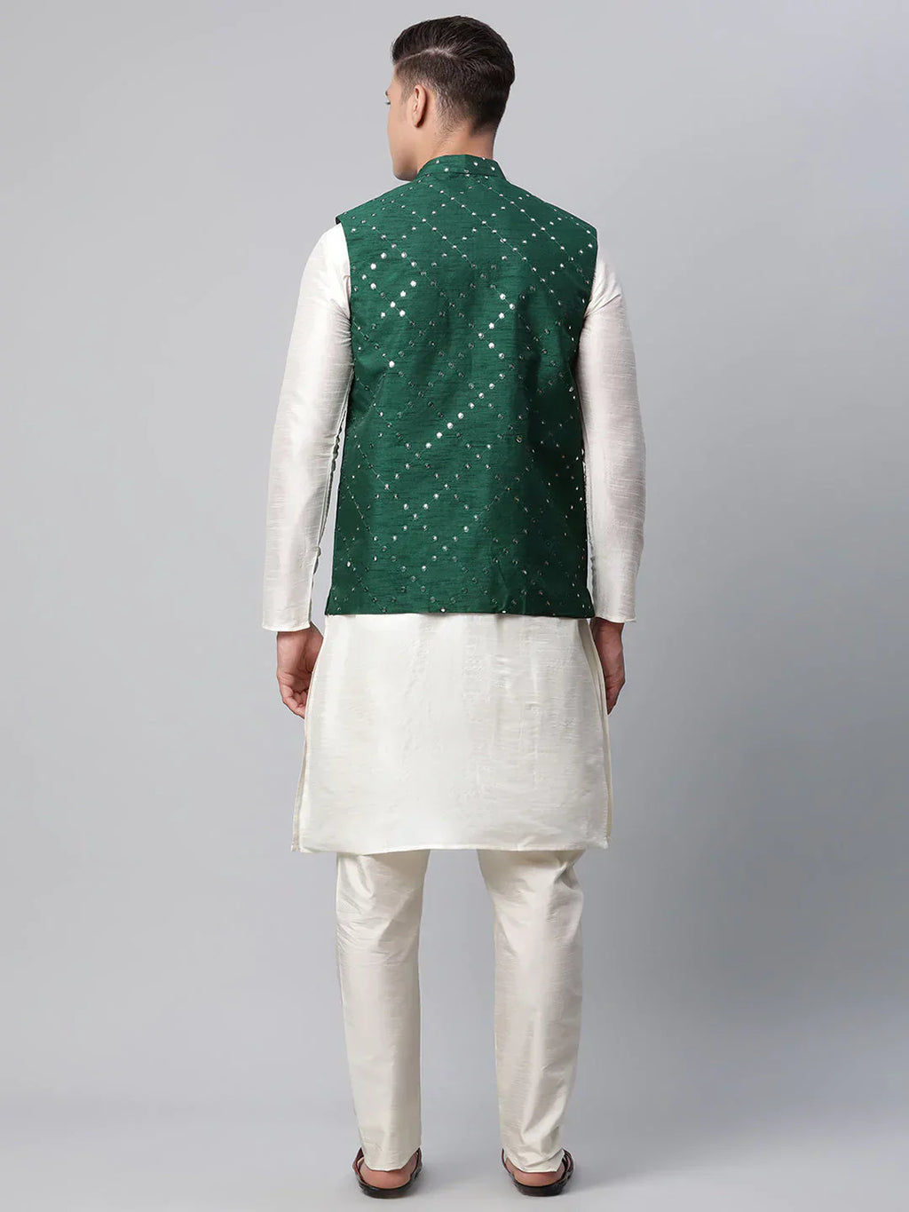 Jompers Men's Dupion Silk Kurta Pyjama With Green Mirror Work Nehru Jacket