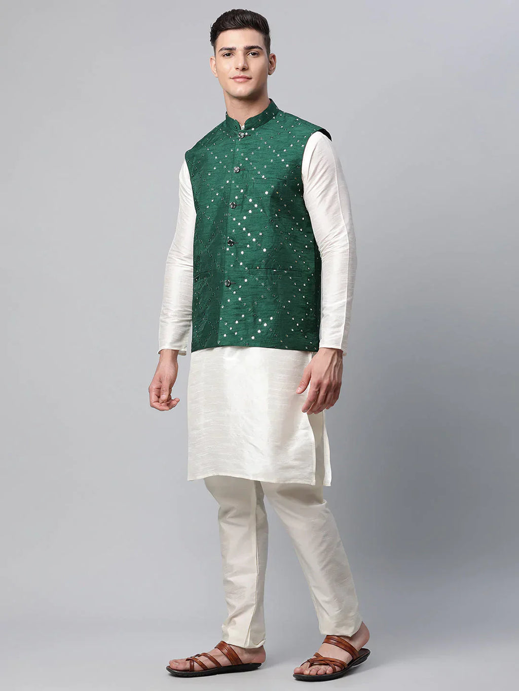 Jompers Men's Dupion Silk Kurta Pyjama With Green Mirror Work Nehru Jacket