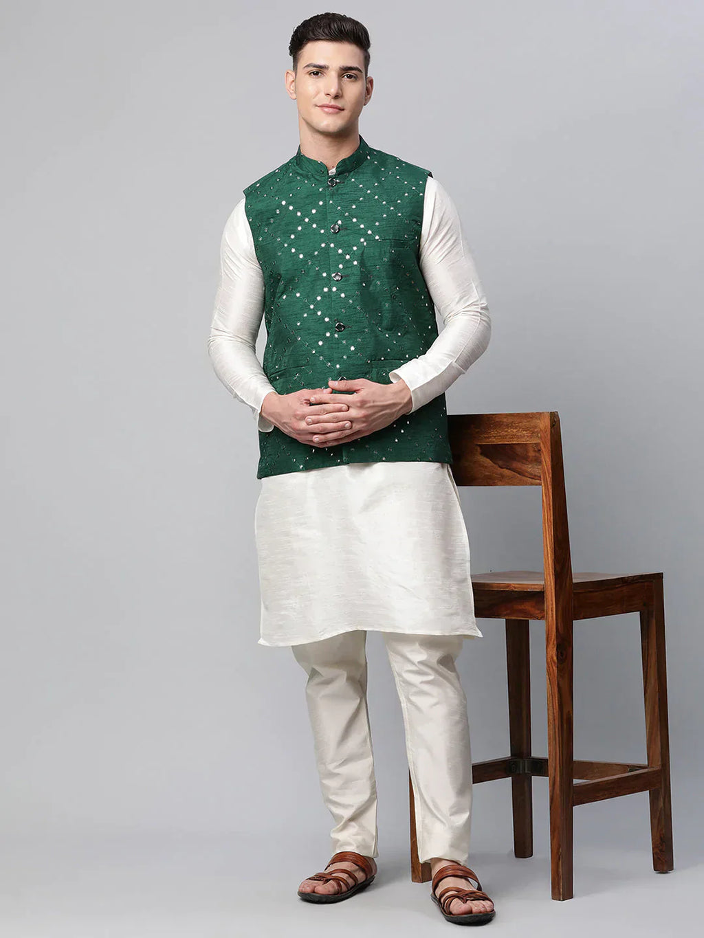 Jompers Men's Dupion Silk Kurta Pyjama With Green Mirror Work Nehru Jacket