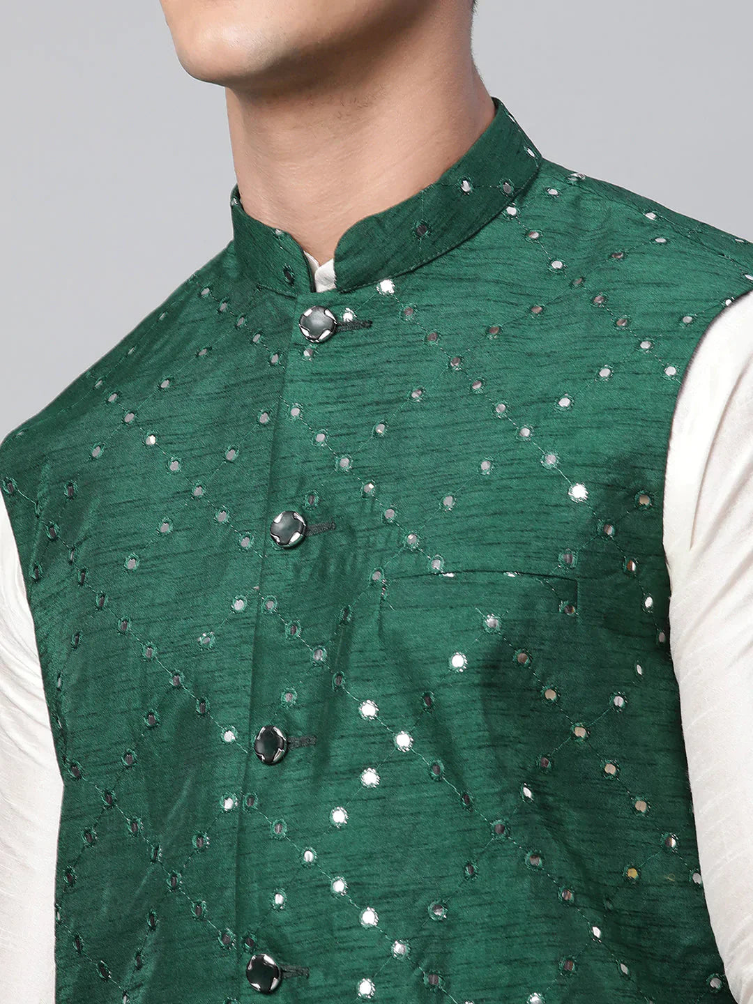 Jompers Men's Dupion Silk Kurta Pyjama With Green Mirror Work Nehru Jacket