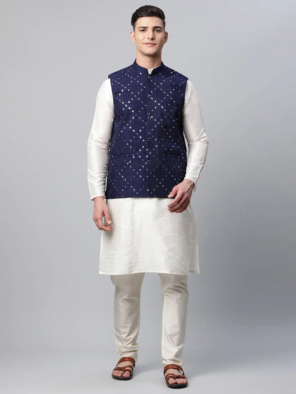 Jompers Men's Dupion Silk Kurta Pyjama With Navy Mirror Work Nehru Jacket