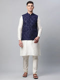 Jompers Men's Dupion Silk Kurta Pyjama With Navy Mirror Work Nehru Jacket