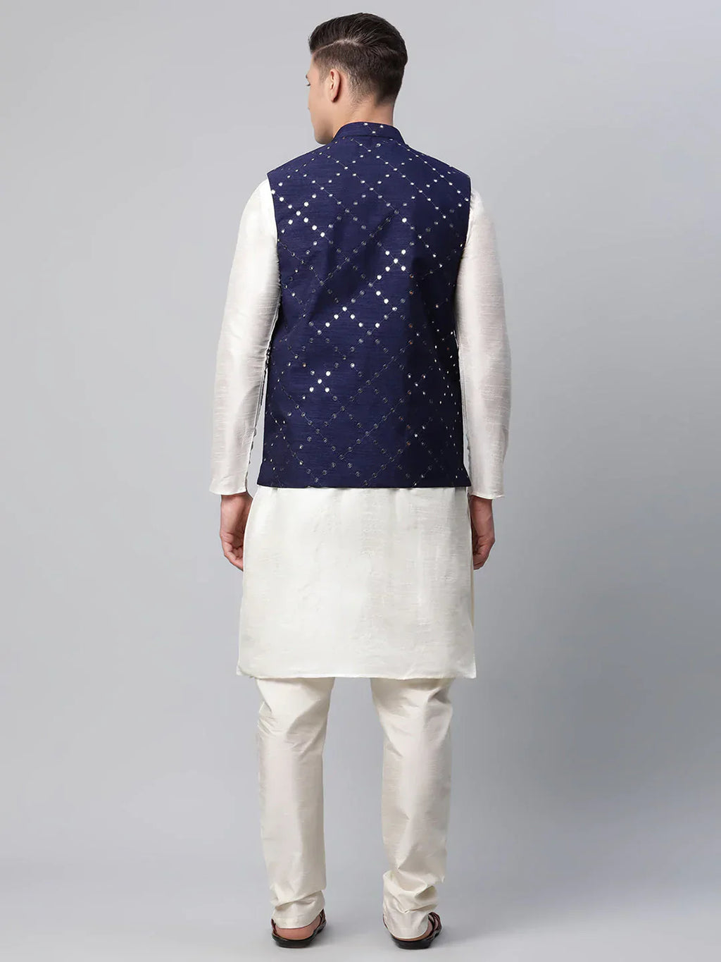 Jompers Men's Dupion Silk Kurta Pyjama With Navy Mirror Work Nehru Jacket