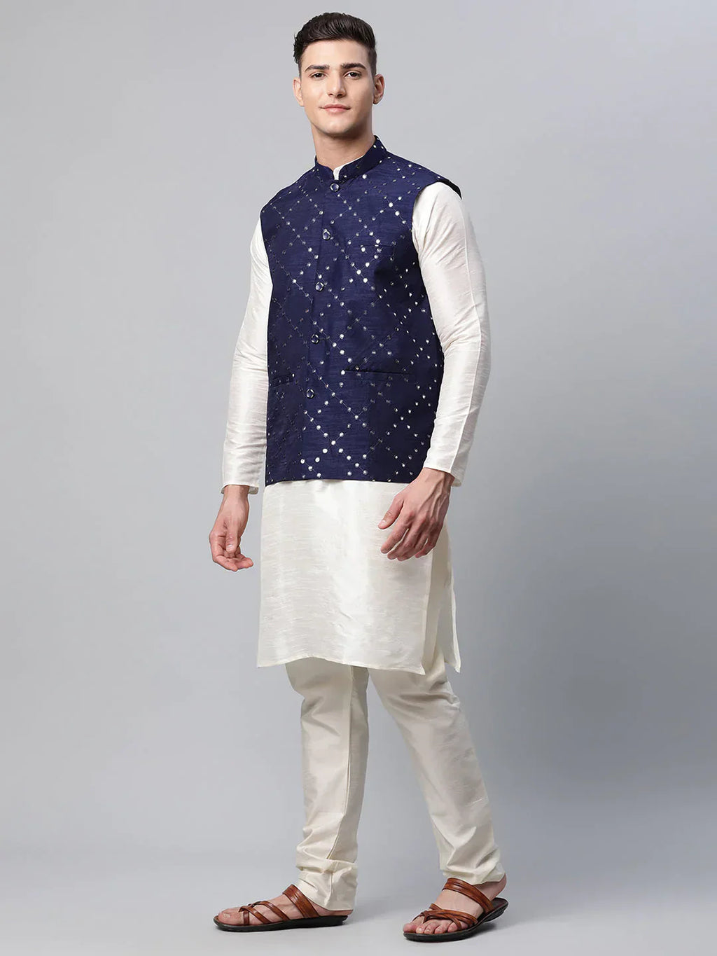 Jompers Men's Dupion Silk Kurta Pyjama With Navy Mirror Work Nehru Jacket