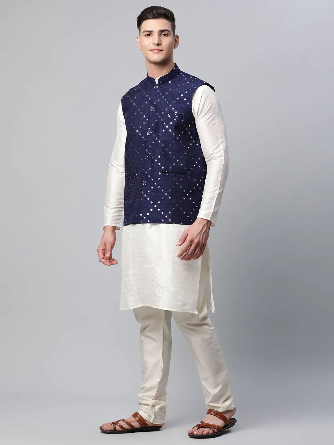 Jompers Men's Dupion Silk Kurta Pyjama With Navy Mirror Work Nehru Jacket