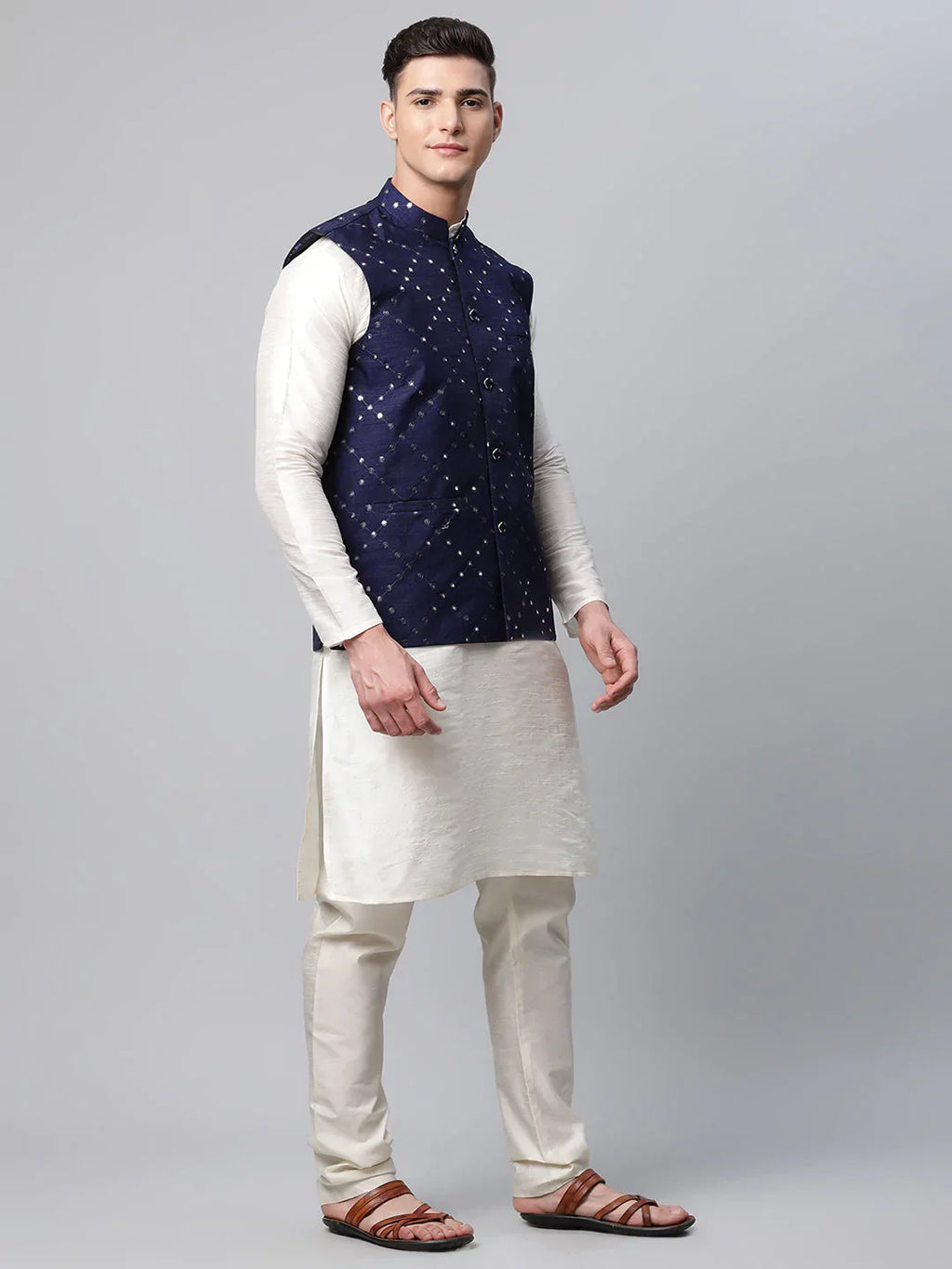 Jompers Men's Dupion Silk Kurta Pyjama With Navy Mirror Work Nehru Jacket