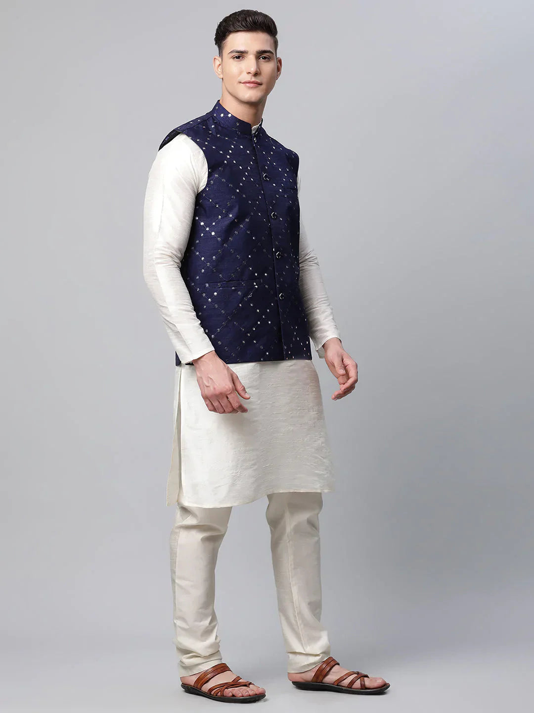 Jompers Men's Dupion Silk Kurta Pyjama With Navy Mirror Work Nehru Jacket