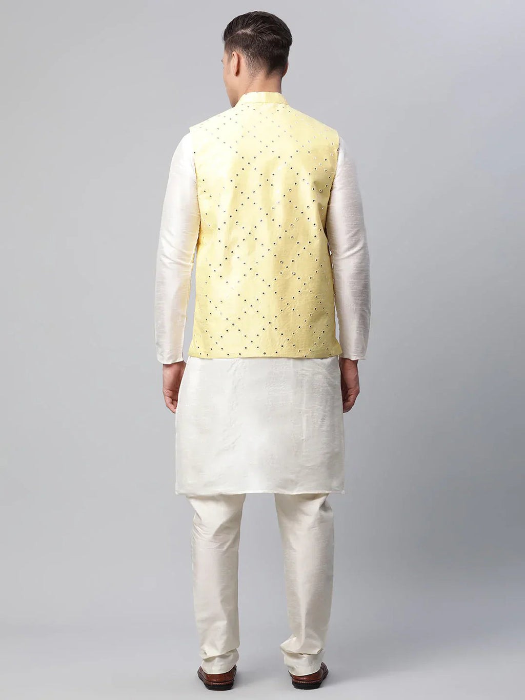 Jompers Men's Dupion Silk Kurta Pyjama With Yellow Mirror Work Nehru Jacket