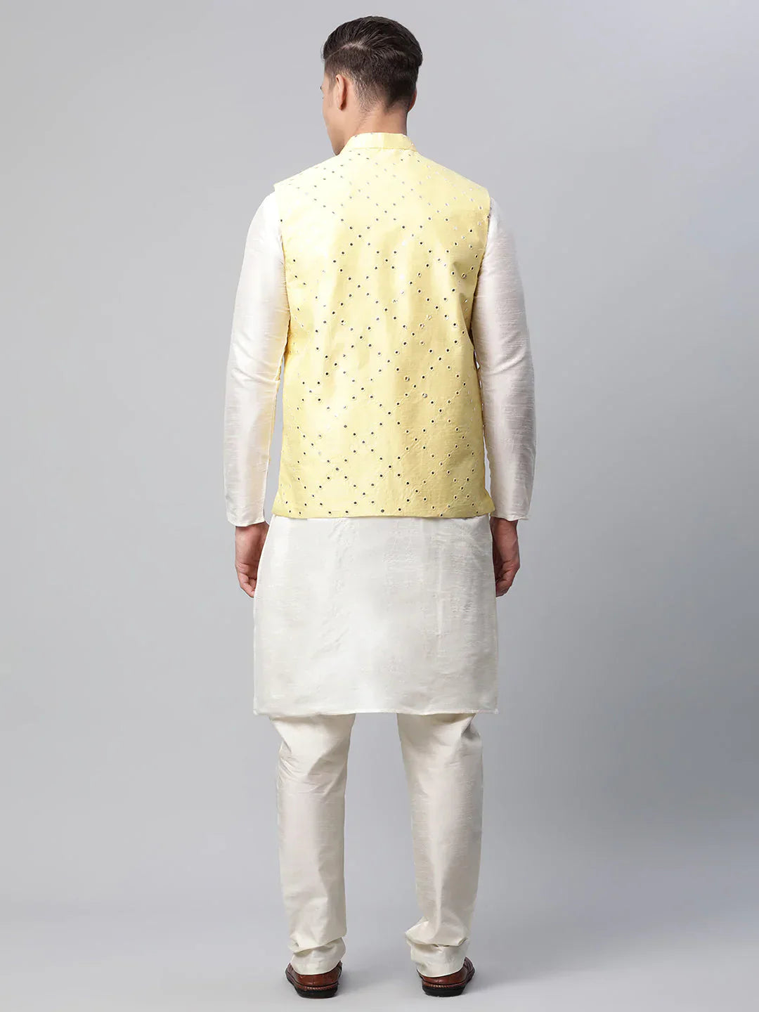 Jompers Men's Dupion Silk Kurta Pyjama With Yellow Mirror Work Nehru Jacket