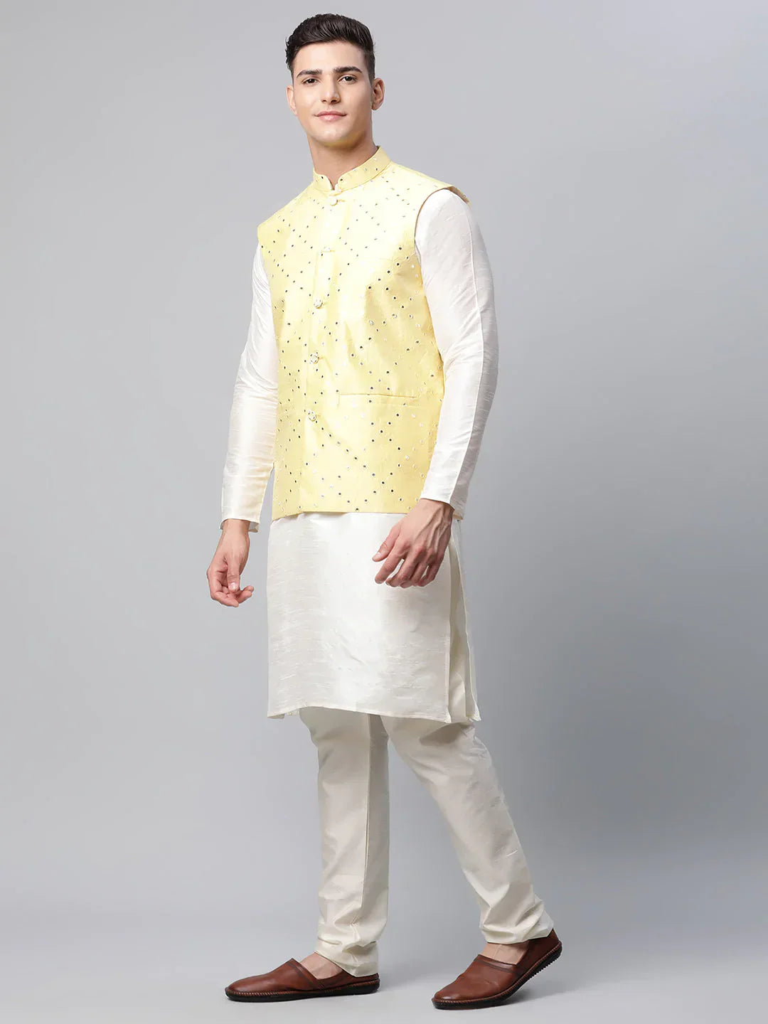 Jompers Men's Dupion Silk Kurta Pyjama With Yellow Mirror Work Nehru Jacket